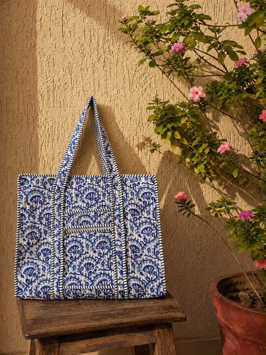Hand Block Printed Quilted Tote Bag – Indigo Vine | Gulpankh Canada