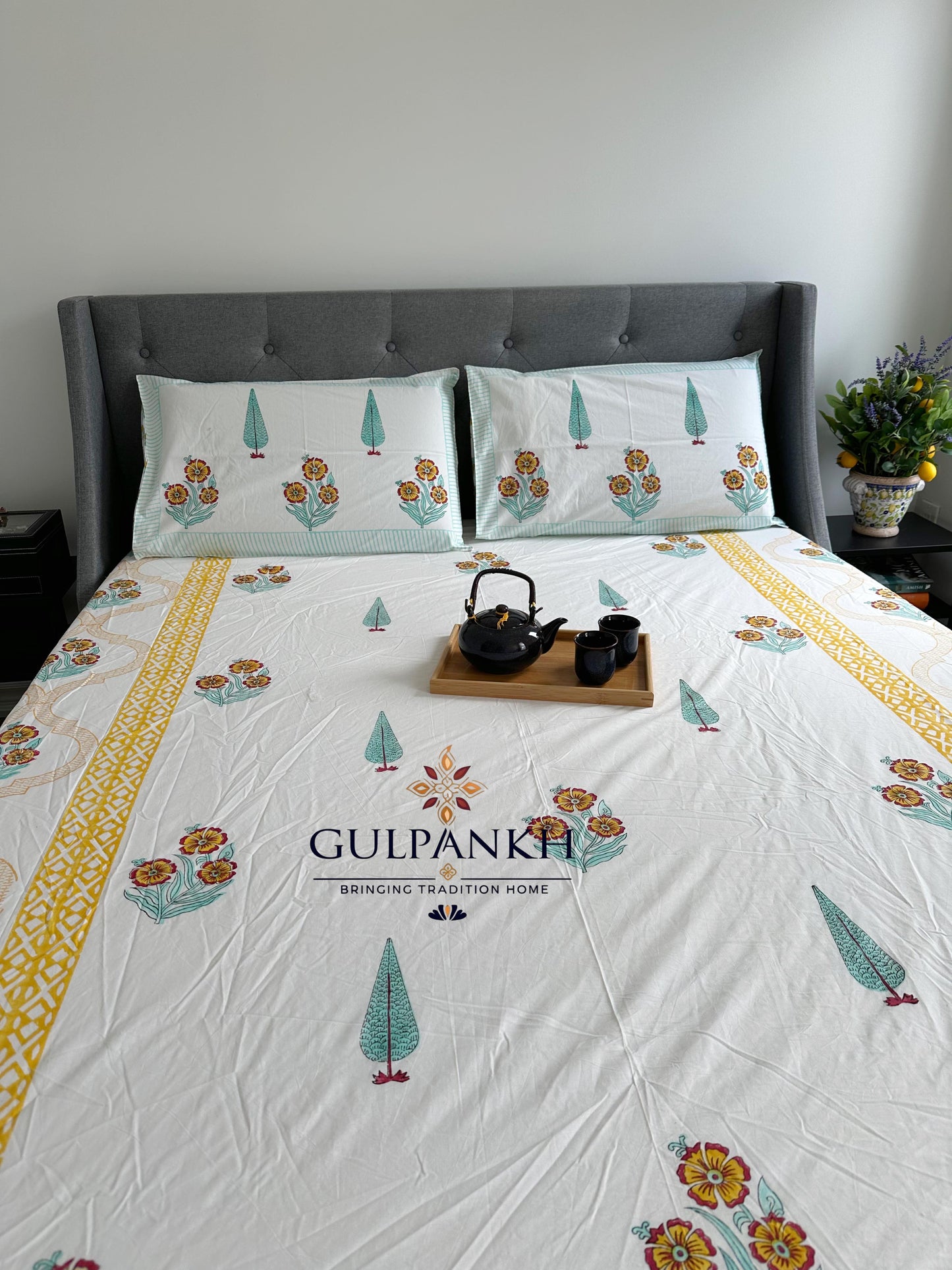 Marigold Courtyard Hand Block Printed Fitted Bedsheet | Gulpankh Canada