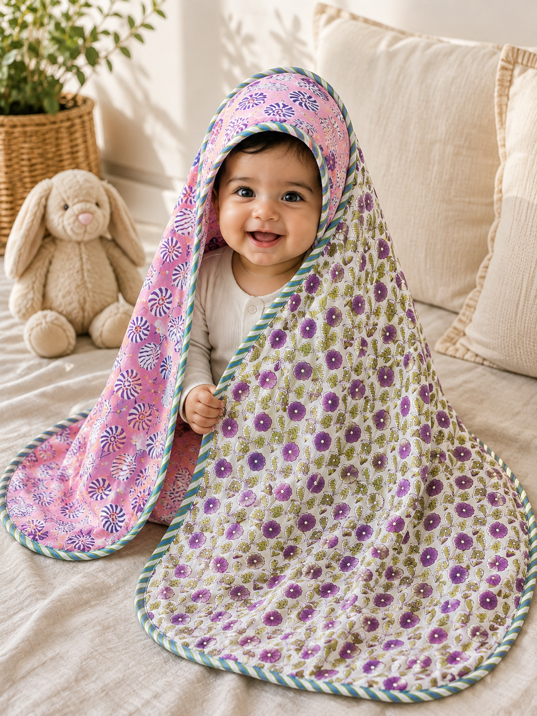 Hand Block Printed Hooded Baby Swaddle Blanket – Lavender Blossom | Gulpankh Canada