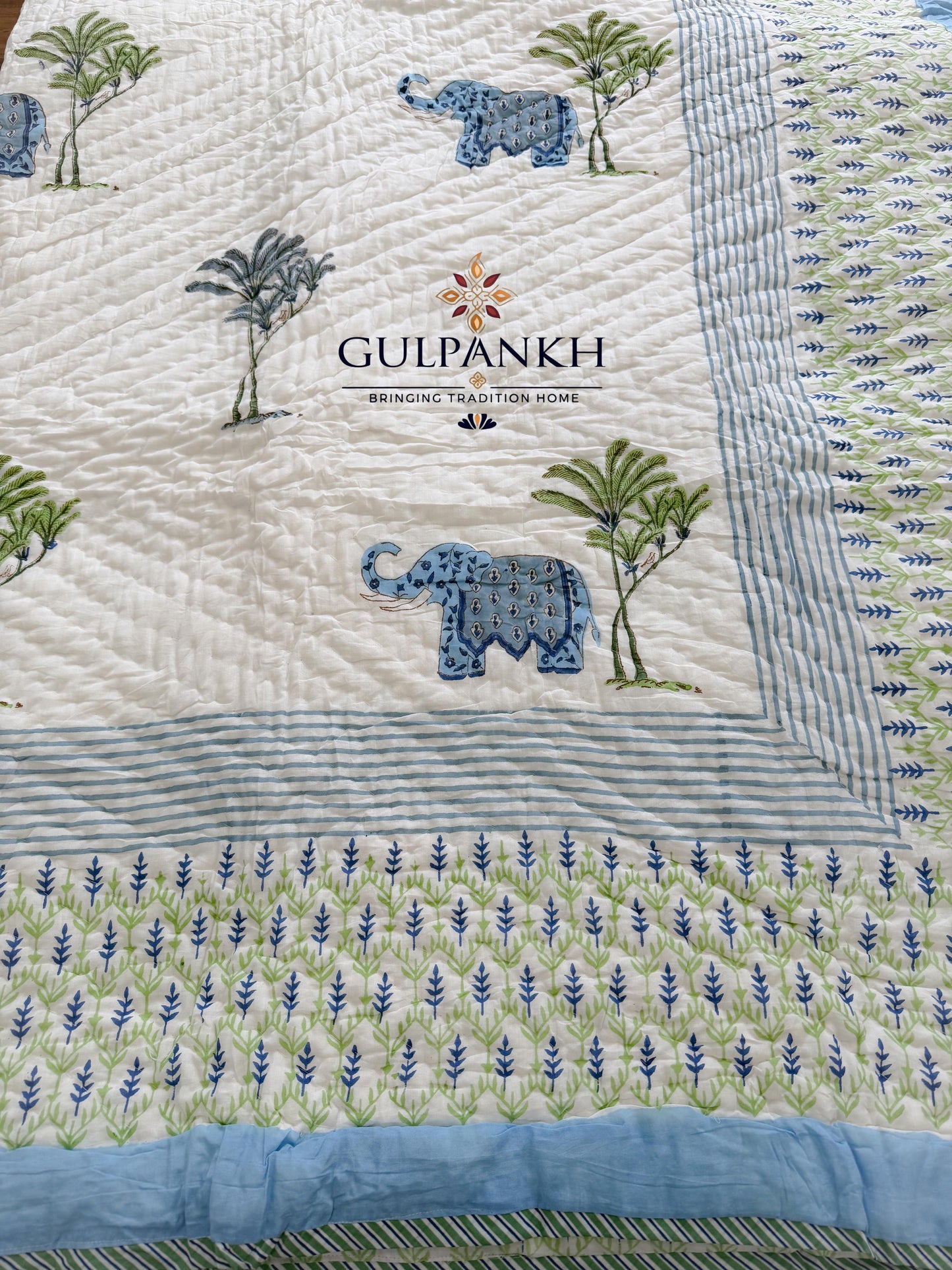 Hand Block Printed Cotton Quilt - Blue Elephant Parade | Gulpankh Canada