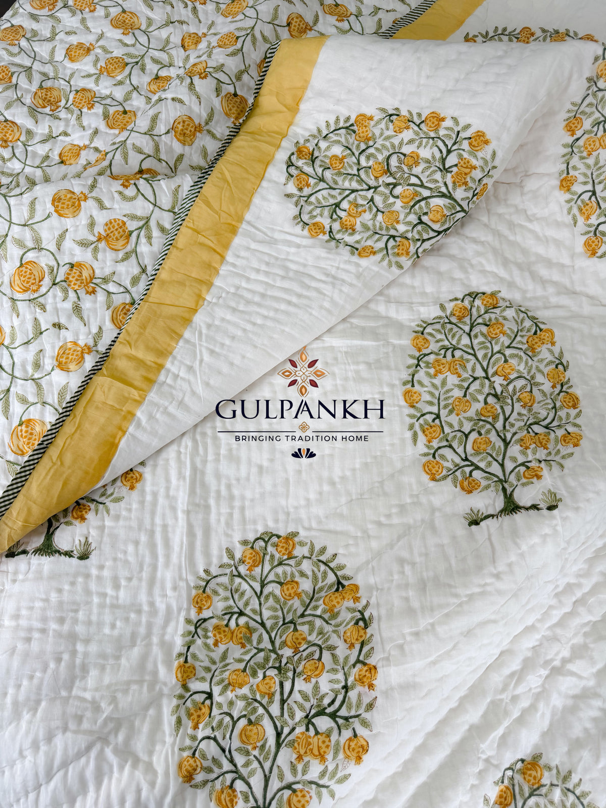 Hand Block Printed Reversible Cotton Quilt - Golden Pomegranate | Gulpankh Canada