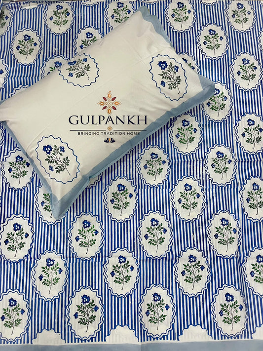 Hand Block Printed 100% Cotton Queen Fitted Bedsheet – Indigo Floral Trellis | Gulpankh Canada