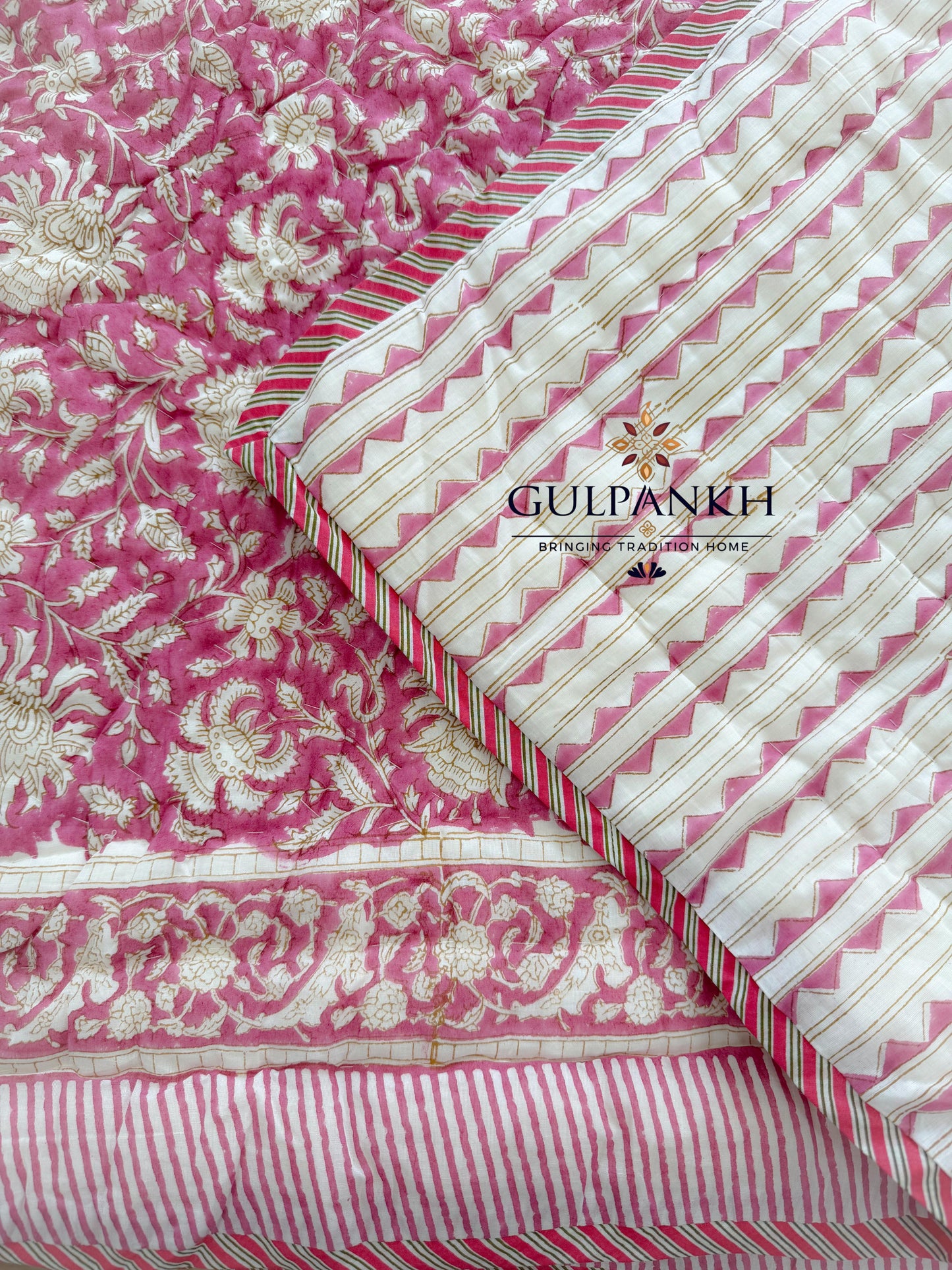 Hand Block Printed Cotton Quilt - Rosé Gulbahar | Gulpankh Canada