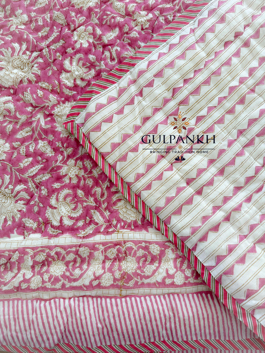 Hand Block Printed Cotton Quilt - Rosé Gulbahar | Gulpankh Canada