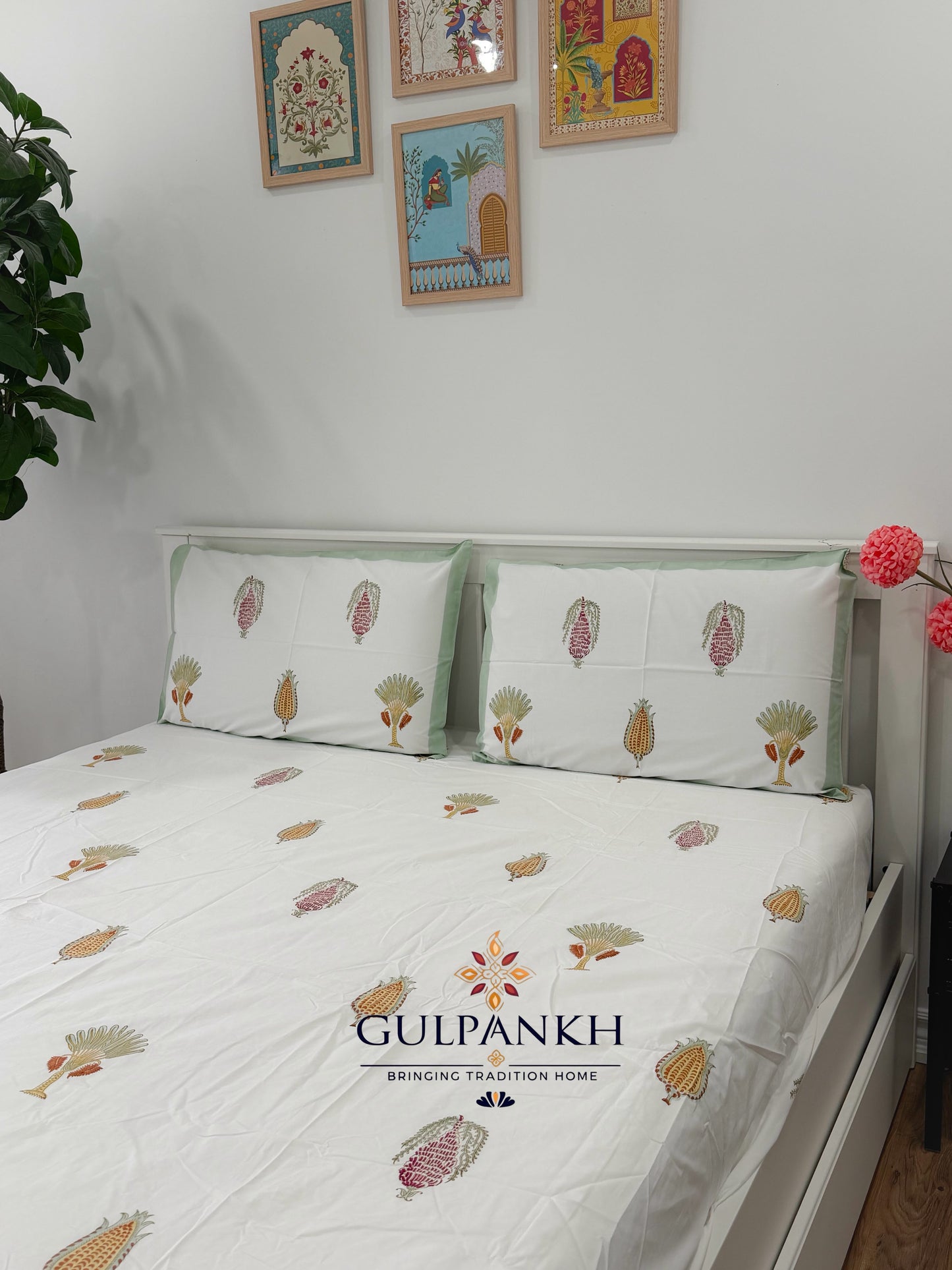Hand Block Printed King Fitted Bedsheet - Sage Meadow Botanica | Gulpankh Canada