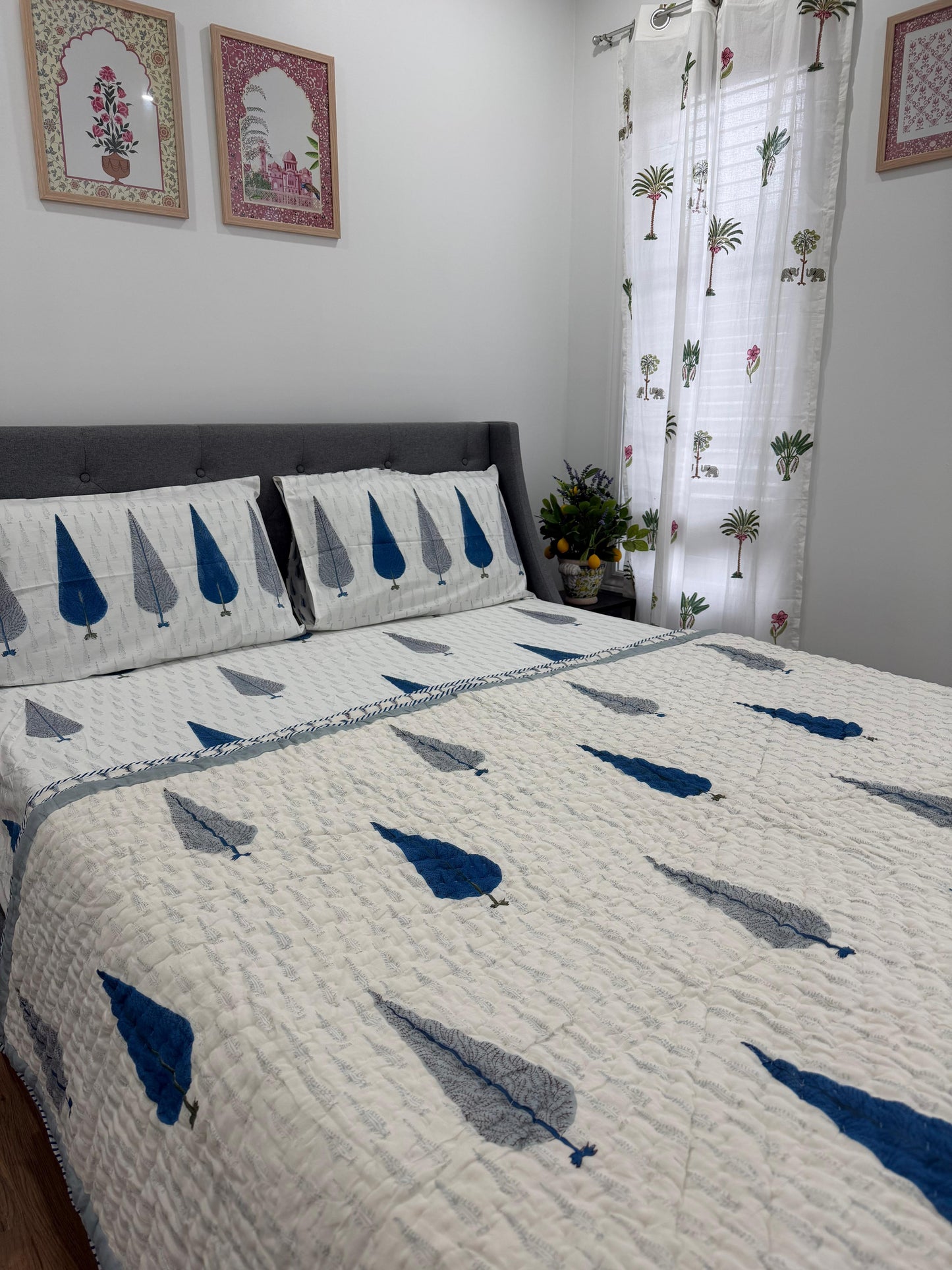 Hand Block Printed Cotton Bedding Set with Quilt - Indigo Leaf | Gulpankh Canada