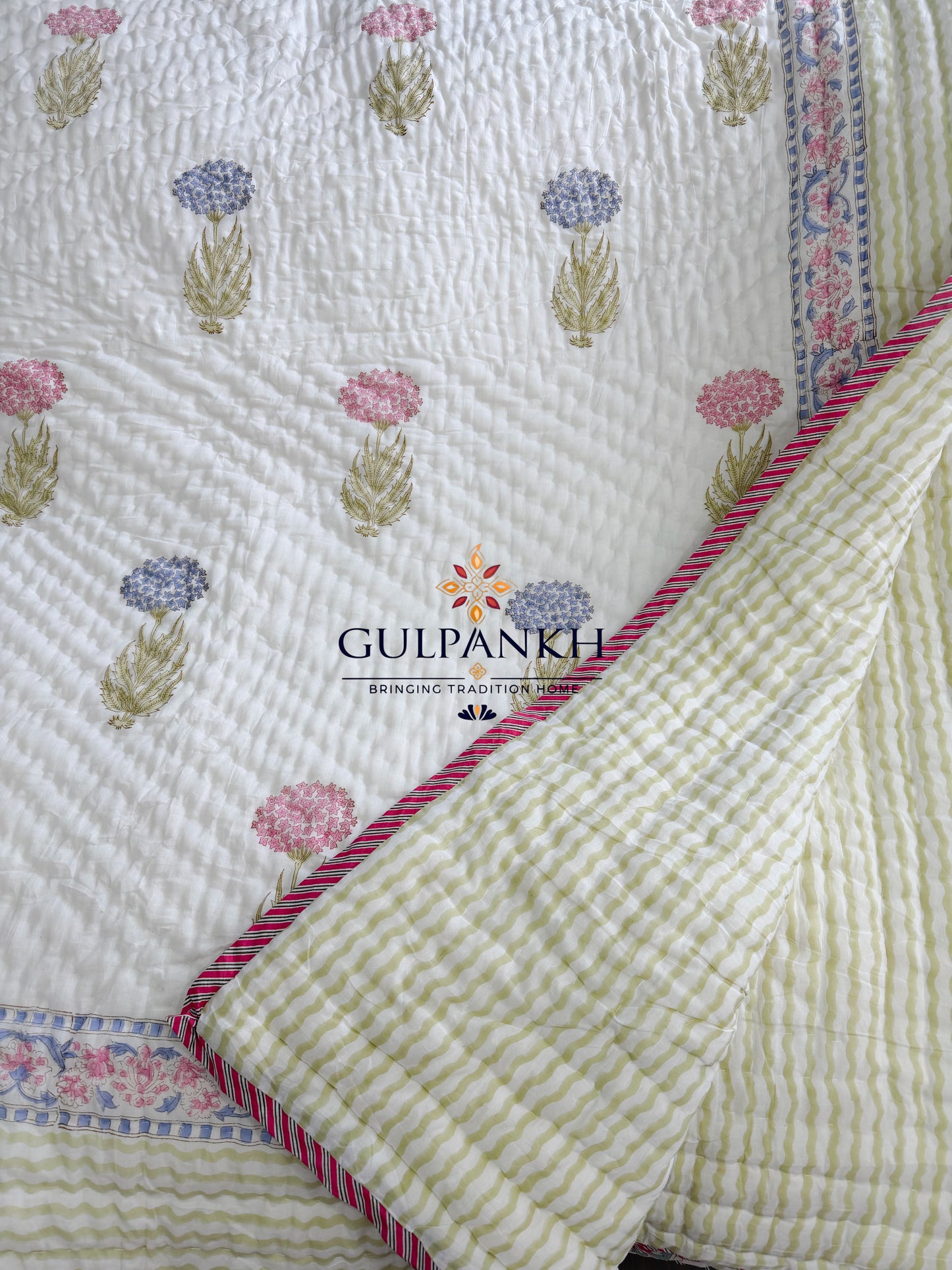 Pink Meadow Hand Block Printed Cotton Quilt | Gulpankh Canada