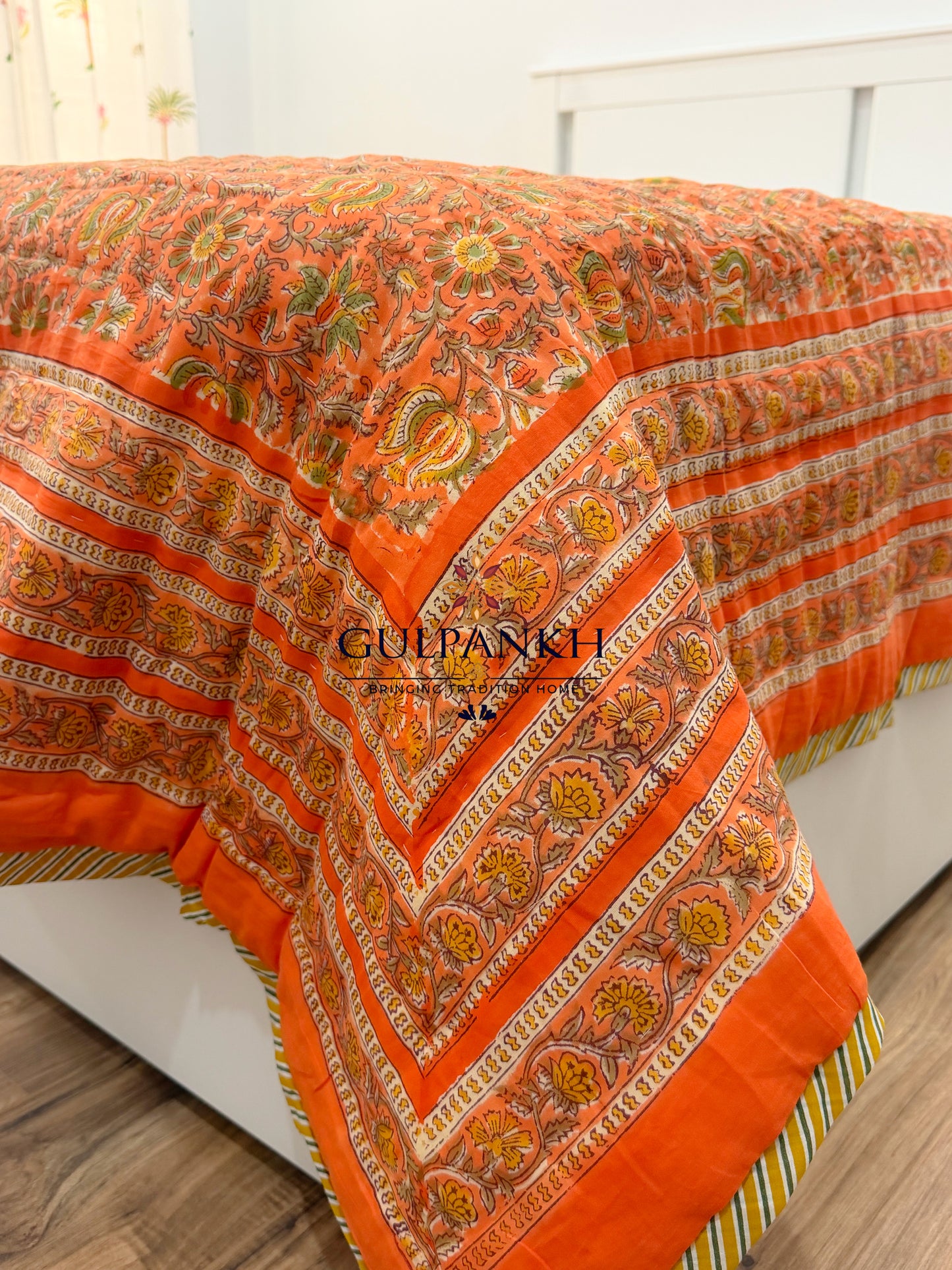Reversible Hand Block Printed Cotton Quilt - Kesari Gulzar | Gulpankh Canada