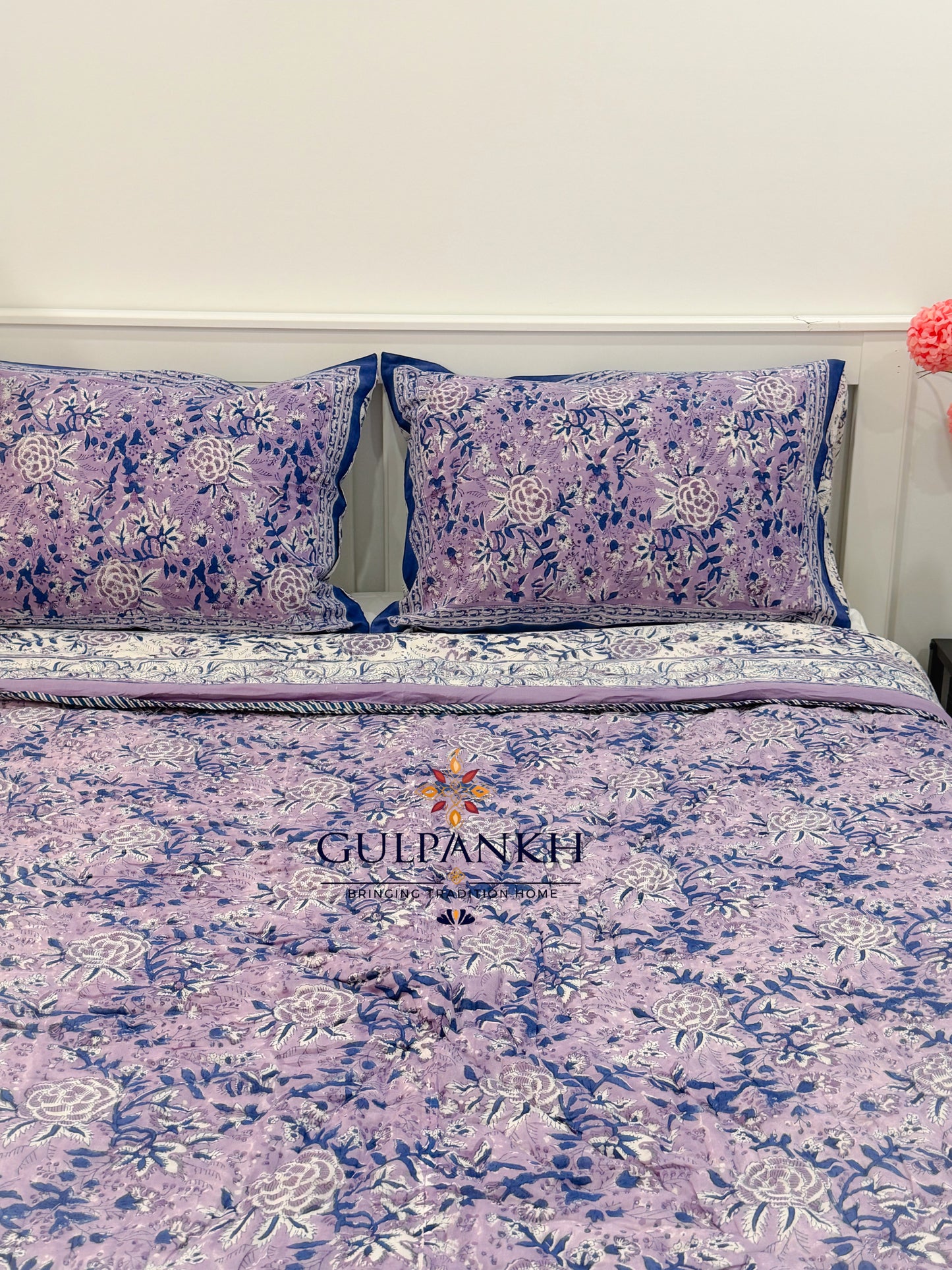 Reversible Hand Block Printed Cotton Quilt - Lavender Noor | Gulpankh Canada