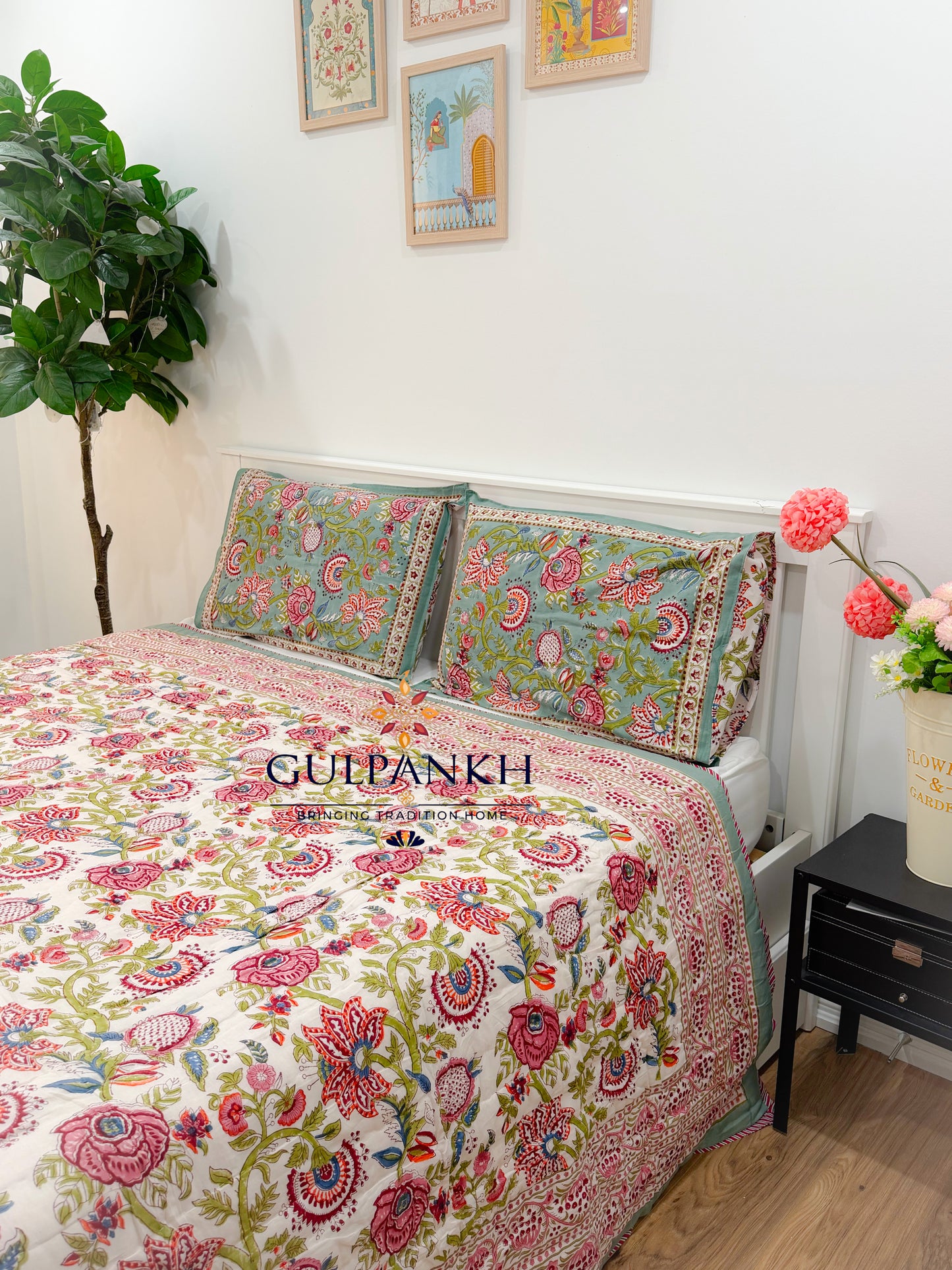 Reversible Hand Block Printed Cotton Quilt - Gulnaar Sage Garden | Gulpankh Canada
