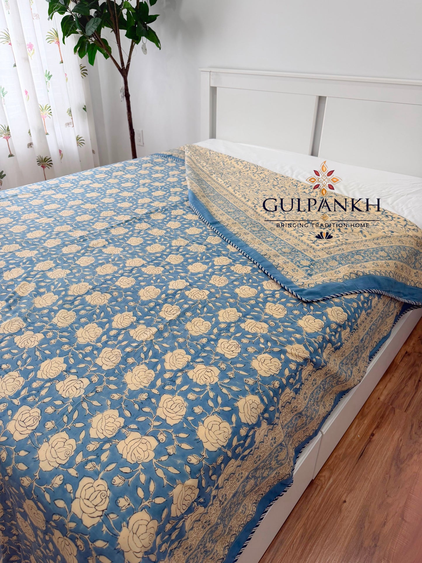 Hand Block Printed Mulmul Cotton Dohar - Neel Gulab Garden | Gulpankh Canada