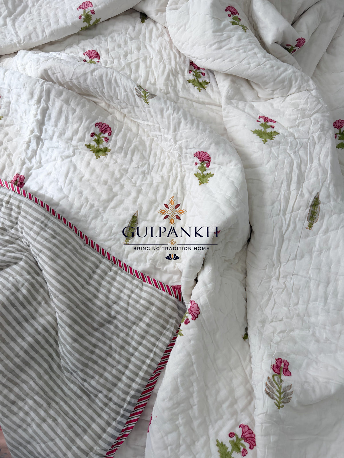 Hand Block Printed Reversible Cotton Quilt - Gulabi Saanjh | Gulpankh Canada