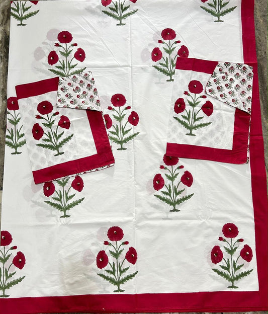 Hand Block Printed Queen Flat Sheet - Ruby Poppy Garden | Gulpankh Canada