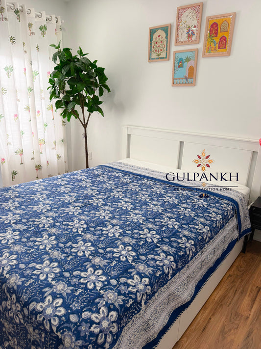 Hand Block Printed Mulmul Cotton Dohar - Neelkamal Blossom | Gulpankh Canada