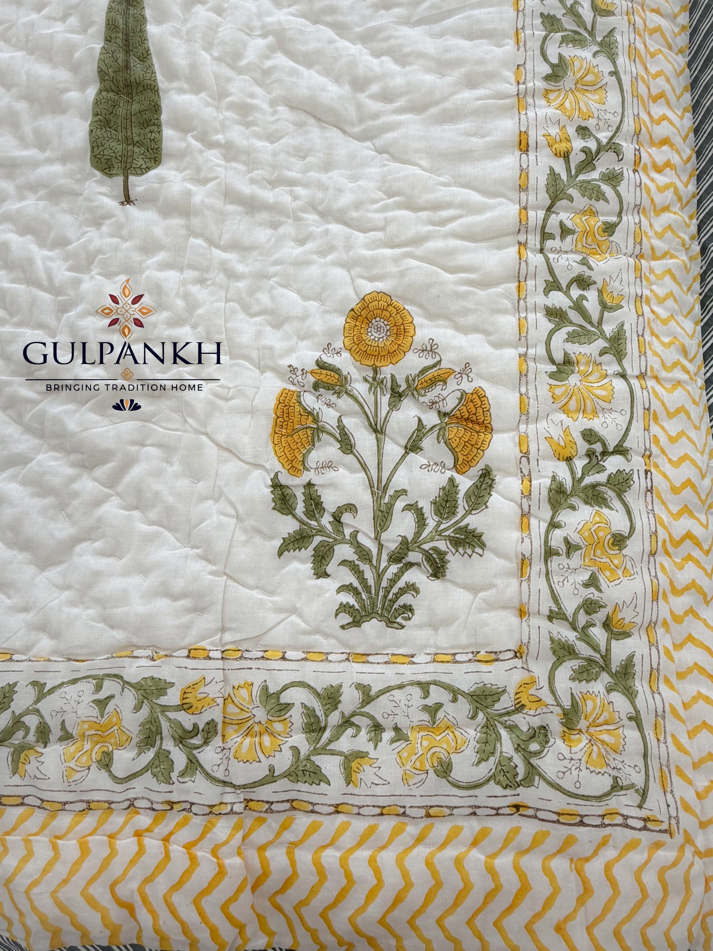 Hand Block Printed Cotton Quilt - Marigold Cypress Meadow | Gulpankh Canada