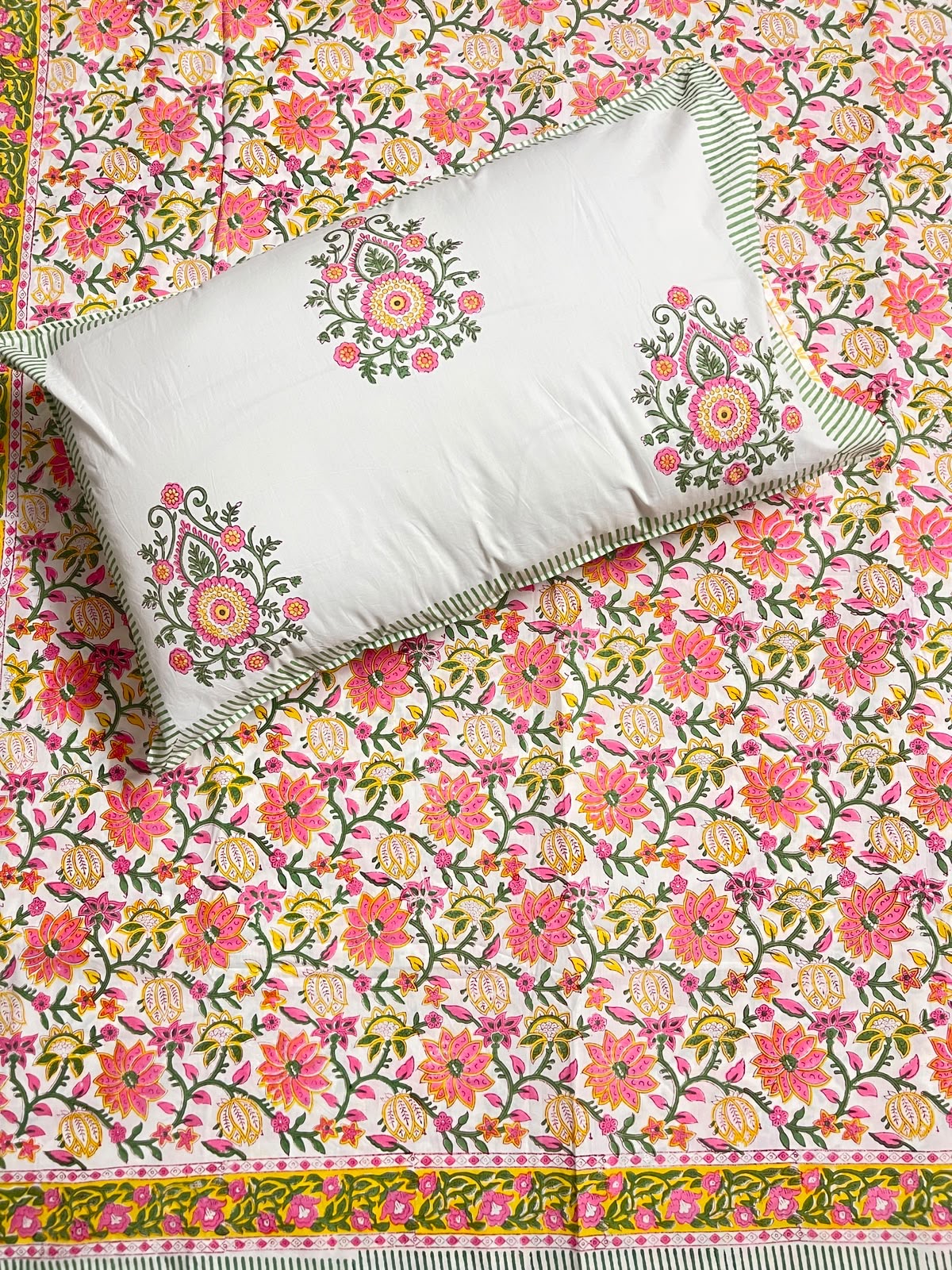 Hand Block Printed 100% Cotton Double Fitted Bedsheet – Pink Lotus Garden | Gulpankh Canada
