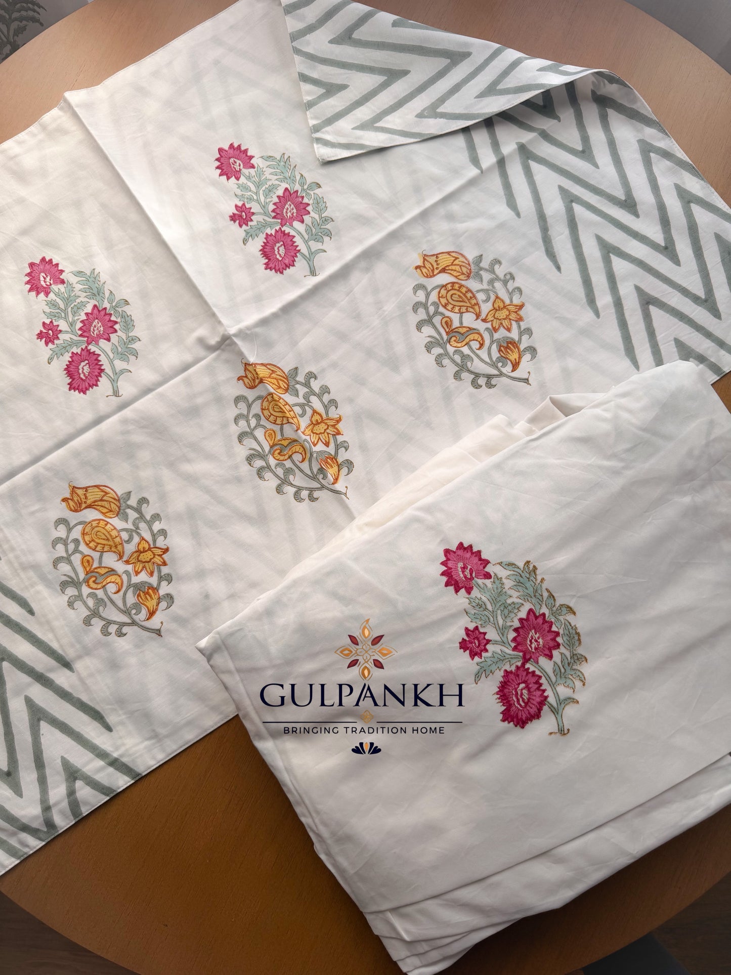 Hand Block Printed King Fitted Bedsheet - Gulabi Sunehri Vatika | Gulpankh Canada