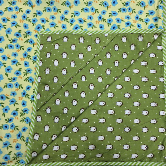 Hand Block Printed Hooded Baby Receiving Blanket – Blue Blossom Penguin | Gulpankh Canada
