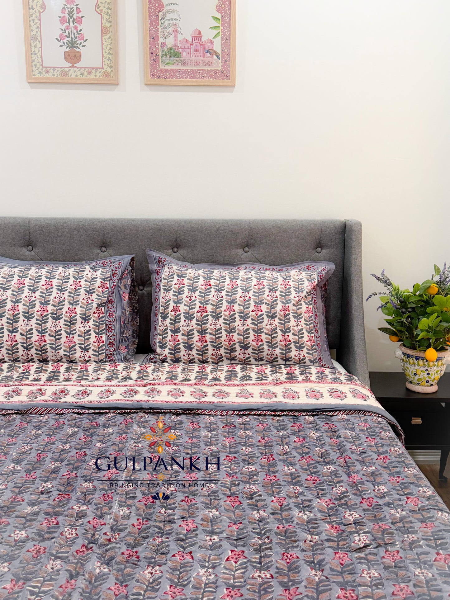 Reversible Hand Block Printed Cotton Quilt - Noor-e-Shaam | Gulpankh Canada