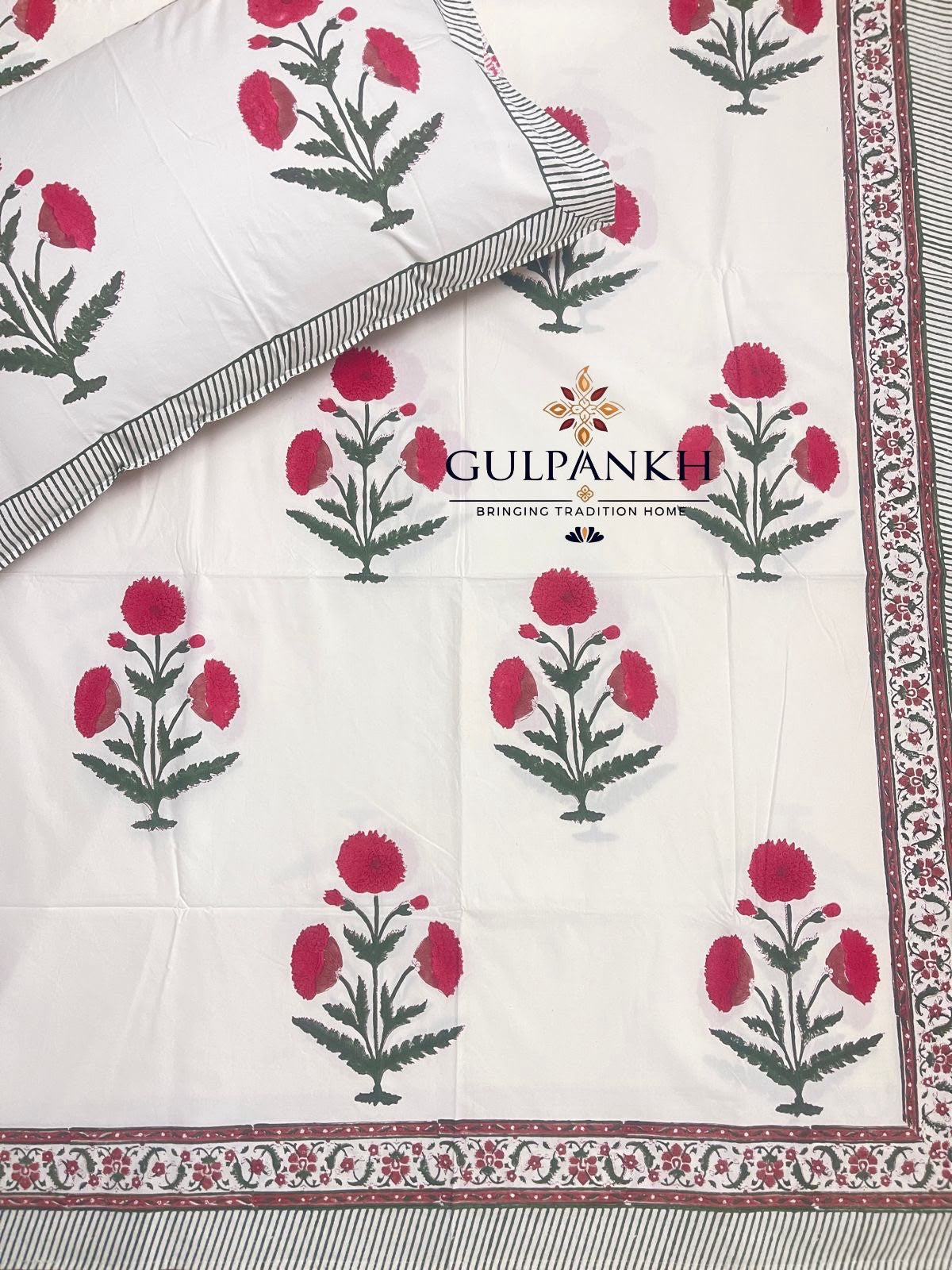 Hand Block Printed Queen Fitted Bedsheet - Ruby Marigold | Gulpankh Canada