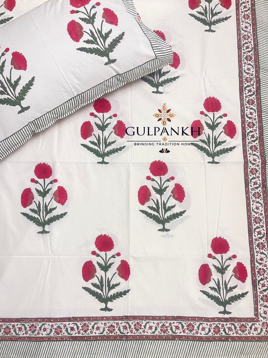 Hand Block Printed Queen Fitted Bedsheet - Ruby Marigold | Gulpankh Canada