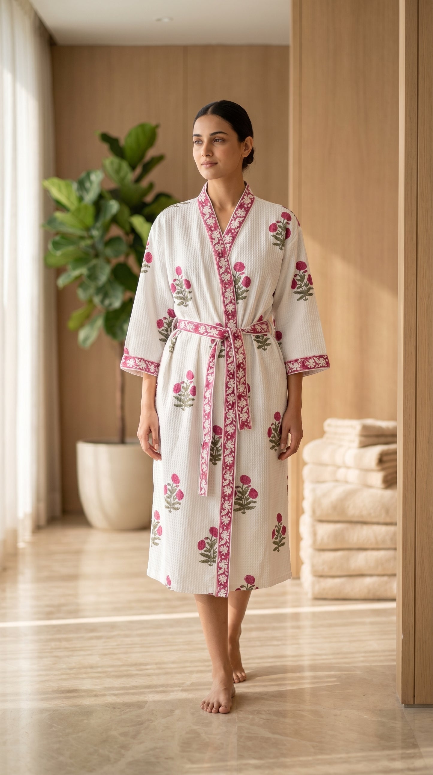 Gulnaar Bloom Hand Block Printed Waffle Cotton Bathrobe – Cotton Spa Robe | Gulpankh Canada