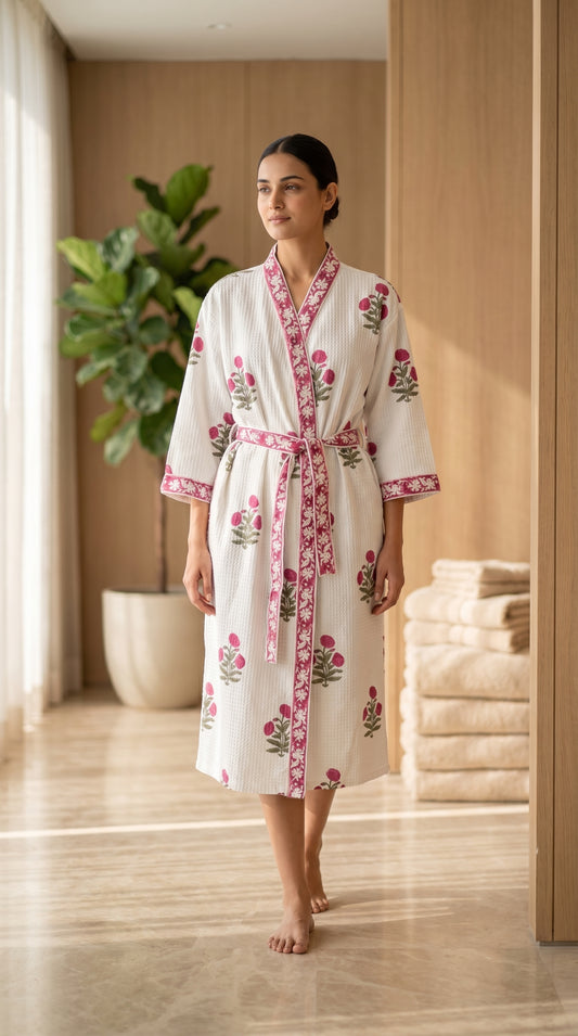 Gulnaar Bloom Hand Block Printed Waffle Cotton Bathrobe – Cotton Spa Robe | Gulpankh Canada