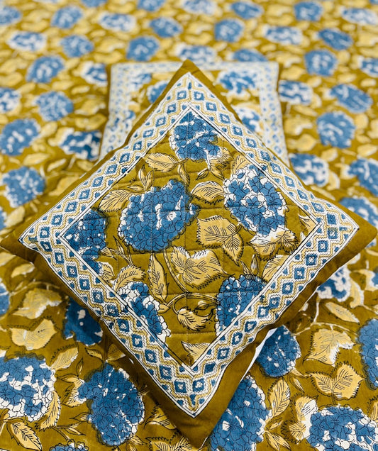 Quilted Hand Block Printed Cushion Cover – Blue Hydrangea | Gulpankh Canada