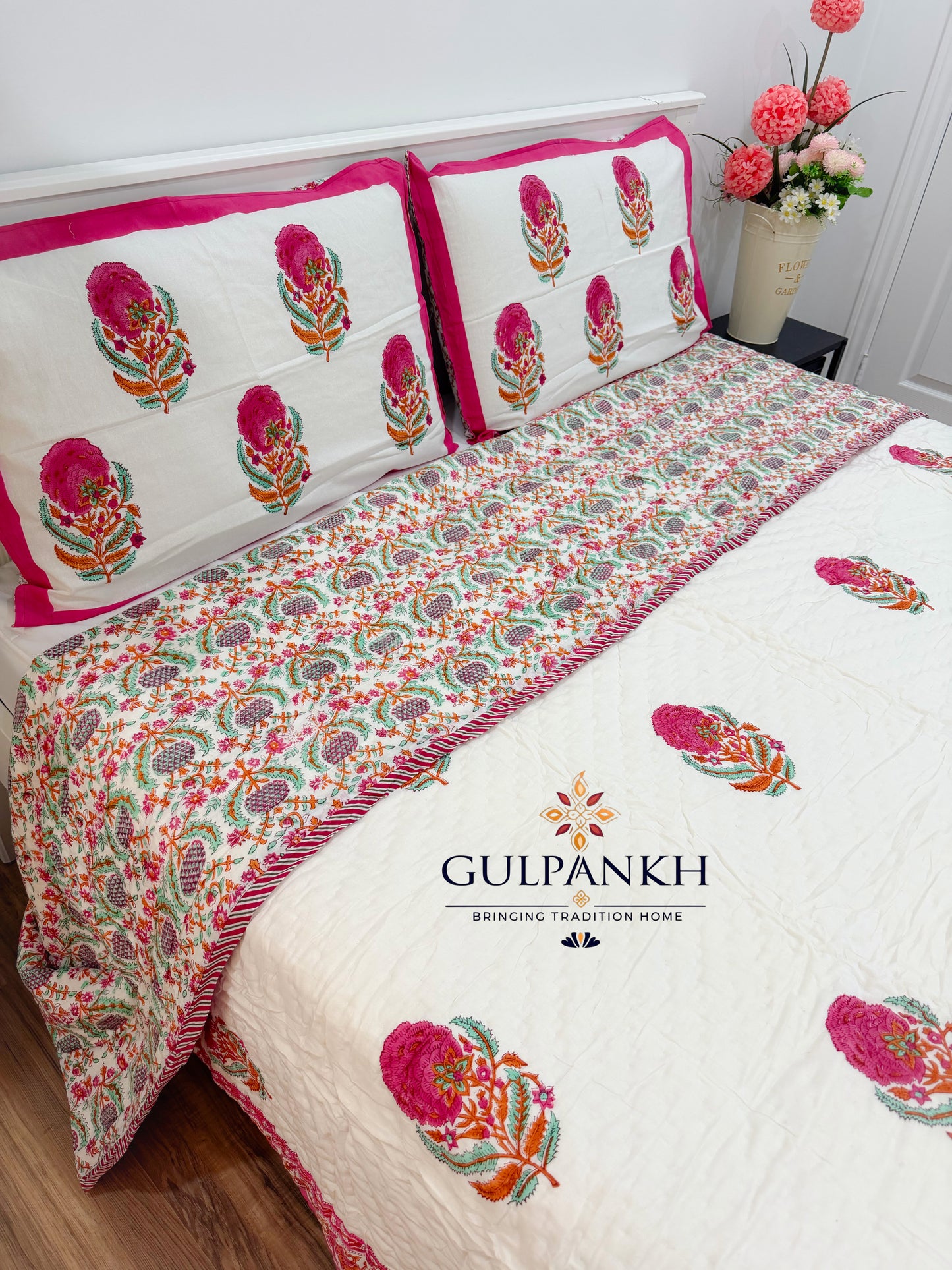 Reversible Hand Block Printed Cotton Quilt - Gulabi Noor | Gulpankh Canada
