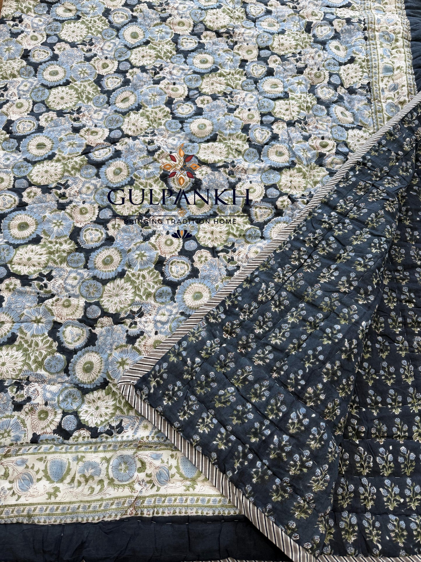 Hand Block Printed Cotton Quilt - Midnight Wildflower Meadow | Gulpankh Canada