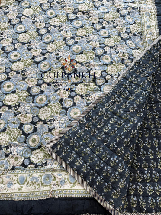 Hand Block Printed Cotton Quilt - Midnight Wildflower Meadow | Gulpankh Canada