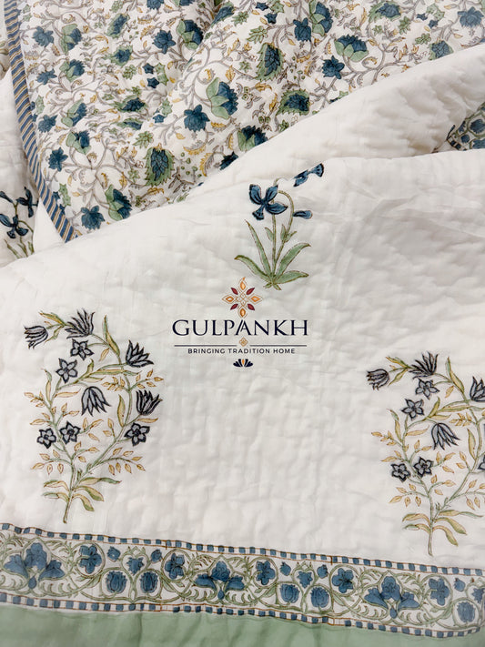 Hand Block Printed Reversible Cotton Quilt - Sage Gul Bahaar | Gulpankh Canada