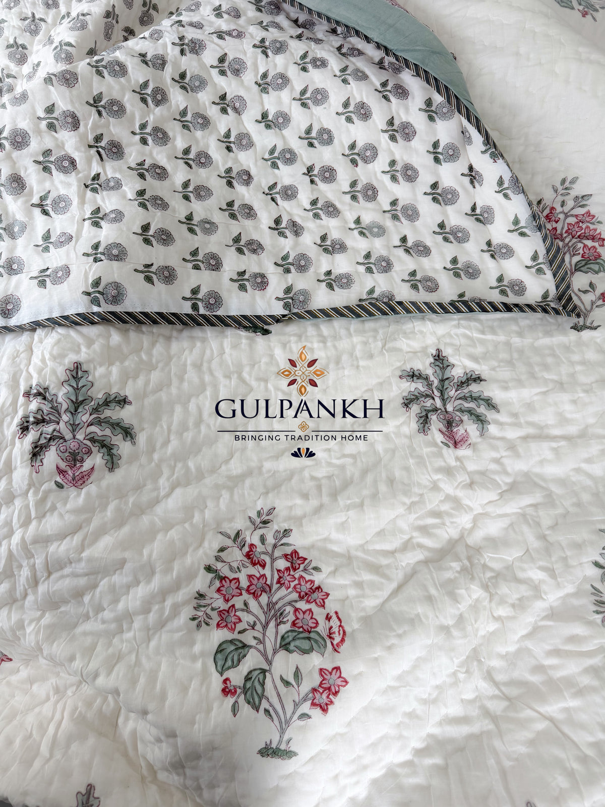 Hand Block Printed Reversible Cotton Quilt - Rose Sage Garden | Gulpankh Canada