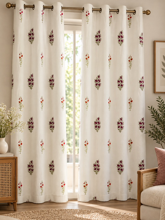Hand Block Printed 100% Cotton Eyelet Curtain – Crimson Bloom | 7 Ft | Gulpankh Canada