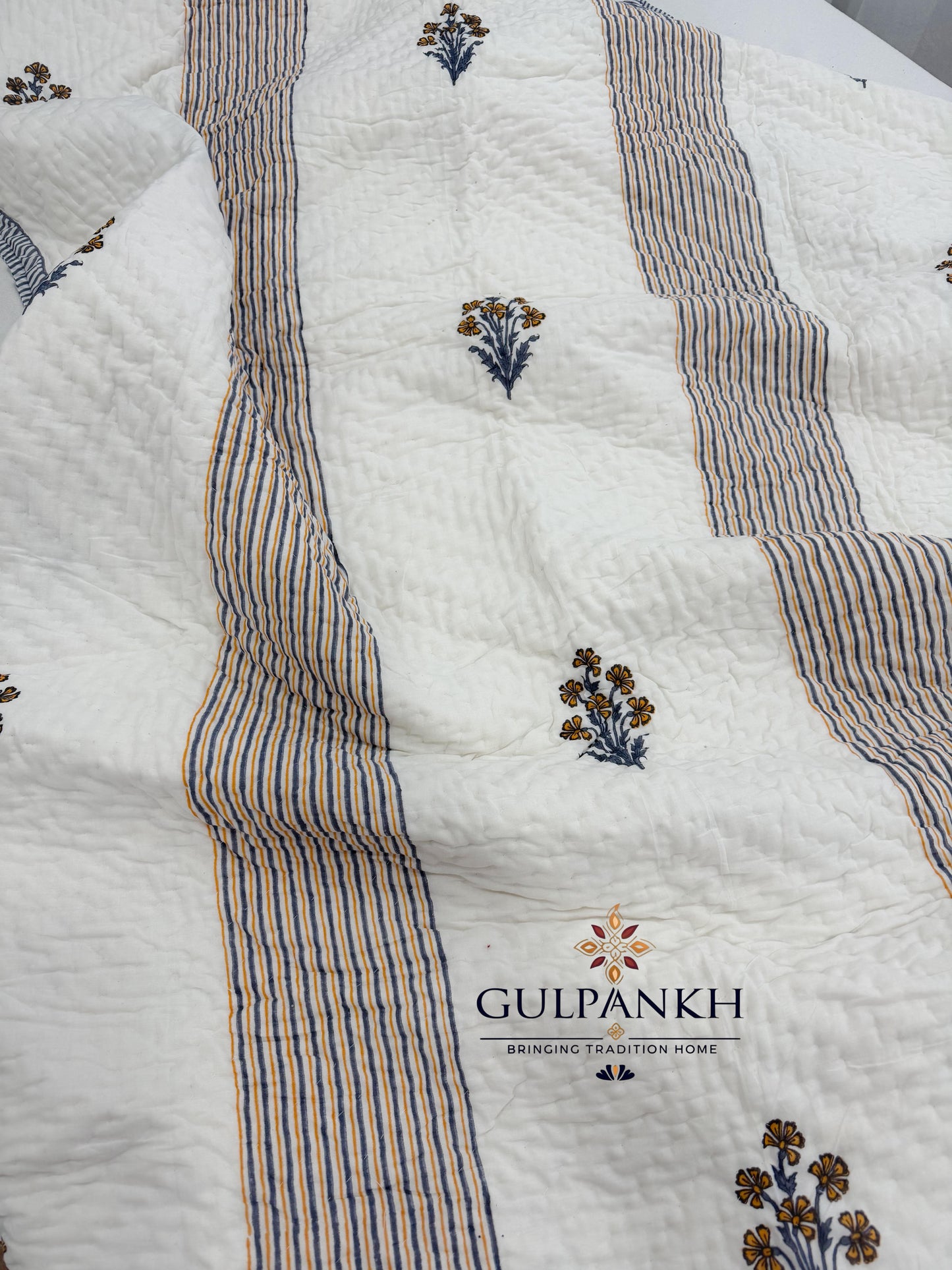 Mustard Meadow Stripe Hand Block Printed Cotton Twin Quilt Set (Set of 2 Quilts) | Gulpankh Canada