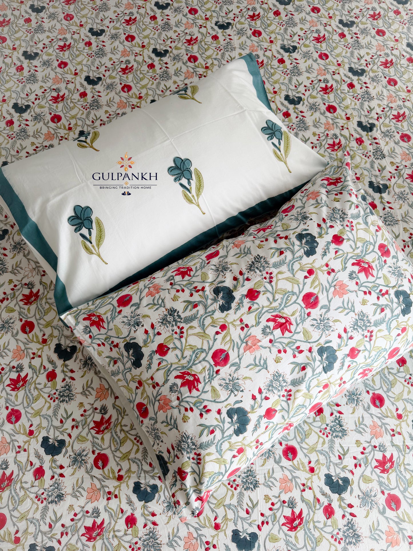 Teal Blossom Vine Hand Block Printed Fitted Bedsheet | Gulpankh Canada