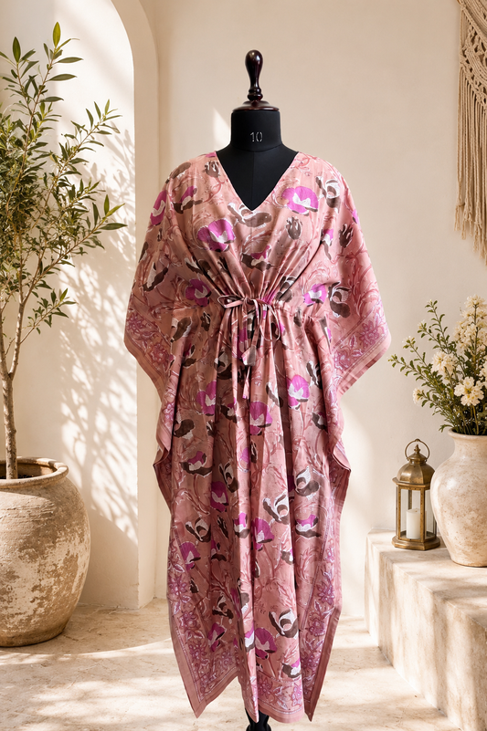 Hand Block Printed Cotton Kaftan – Blush Gulab | Gulpankh Canada