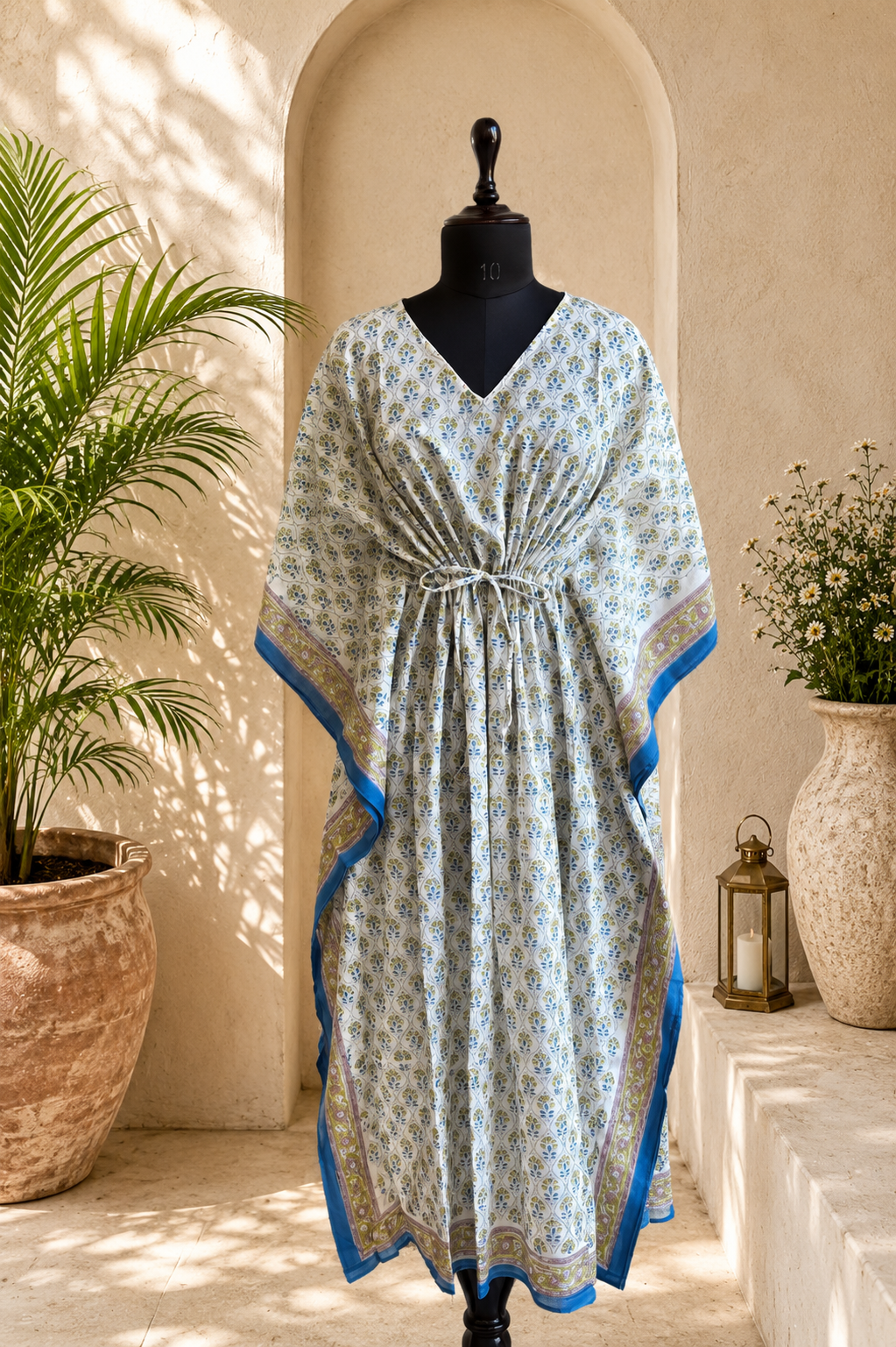 Hand Block Printed Cotton Kaftan – Blue Meadow Breeze | Gulpankh Canada