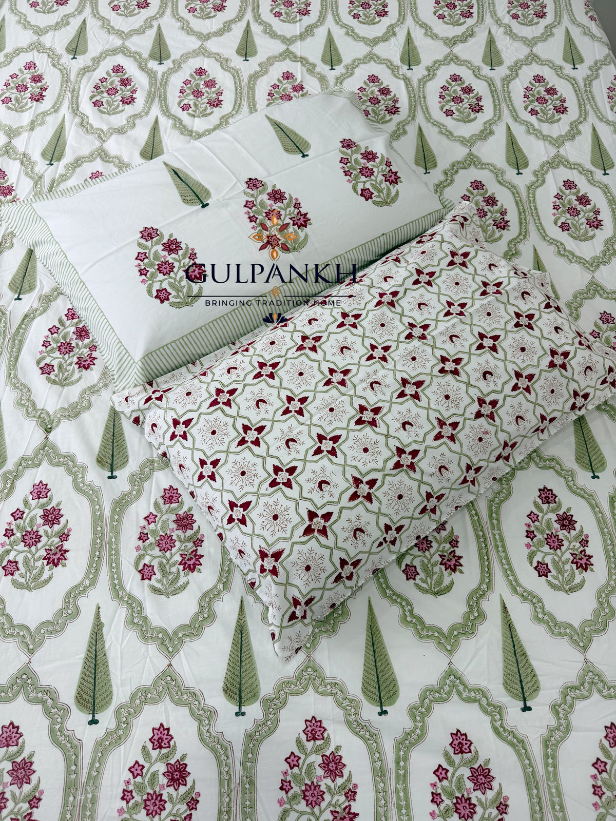 Hand Block Printed 100% Cotton Queen Fitted Bedsheet - Sage Ruby Courtyard | Gulpankh Canada