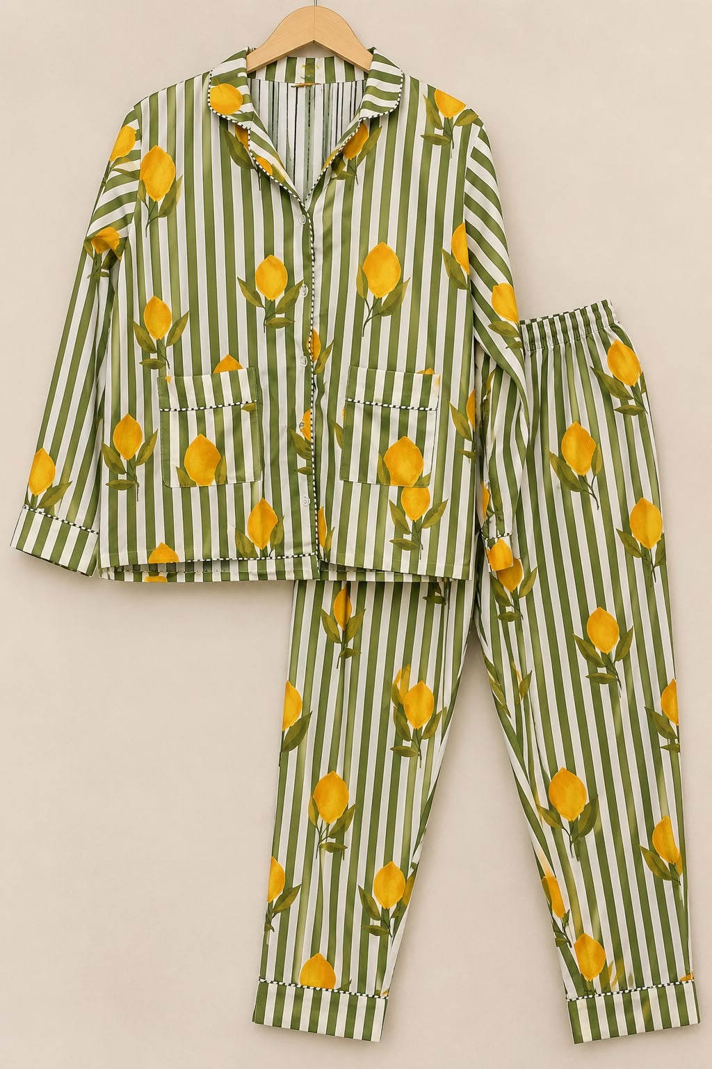 Hand Block Printed Cotton PJ Set with Storage Bag – Lemon Stripe | Gulpankh Canada