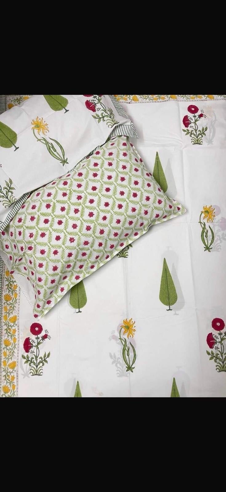 Hand Block Printed Super King Flat Bedsheet - Spring Meadow Botanica | Gulpankh Canada