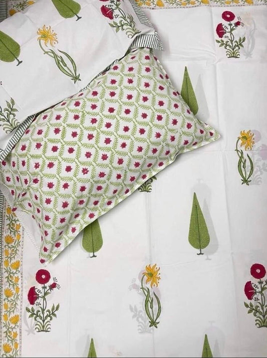 Hand Block Printed Twin Fitted Bedsheet - Spring Meadow Botanica | Gulpankh Canada