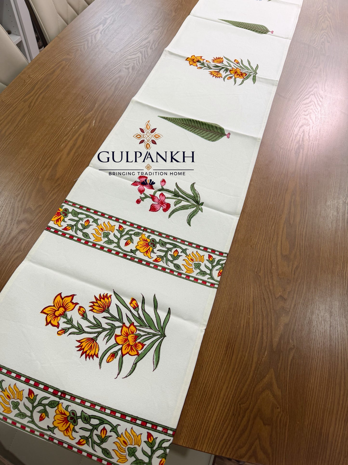 Hand Block Printed Cotton Table Runner – Marigold Garden | Gulpankh Canada