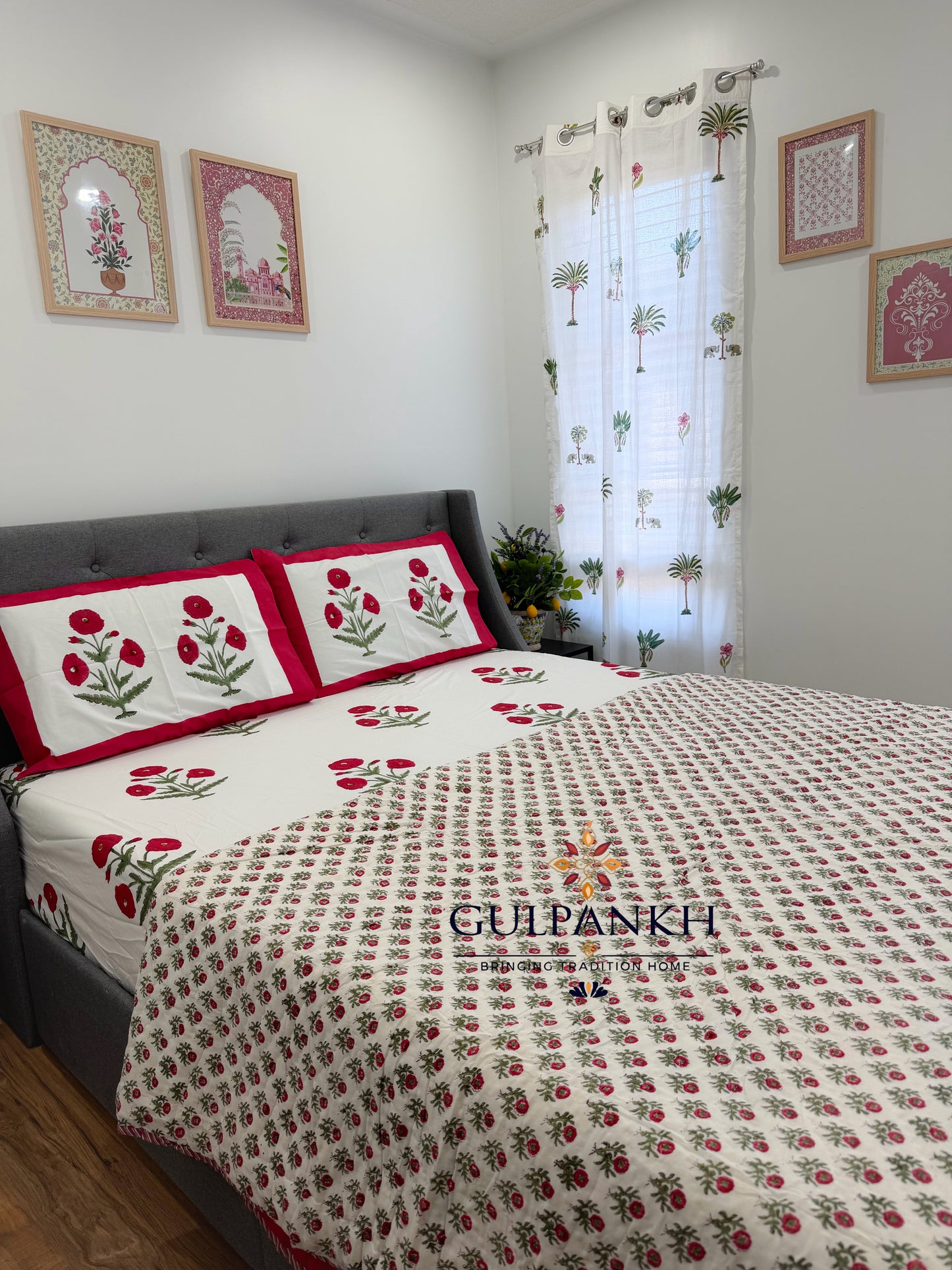 Hand Block Printed Cotton Bedding Set with Quilt - Red Poppy Gulzar | Gulpankh Canada