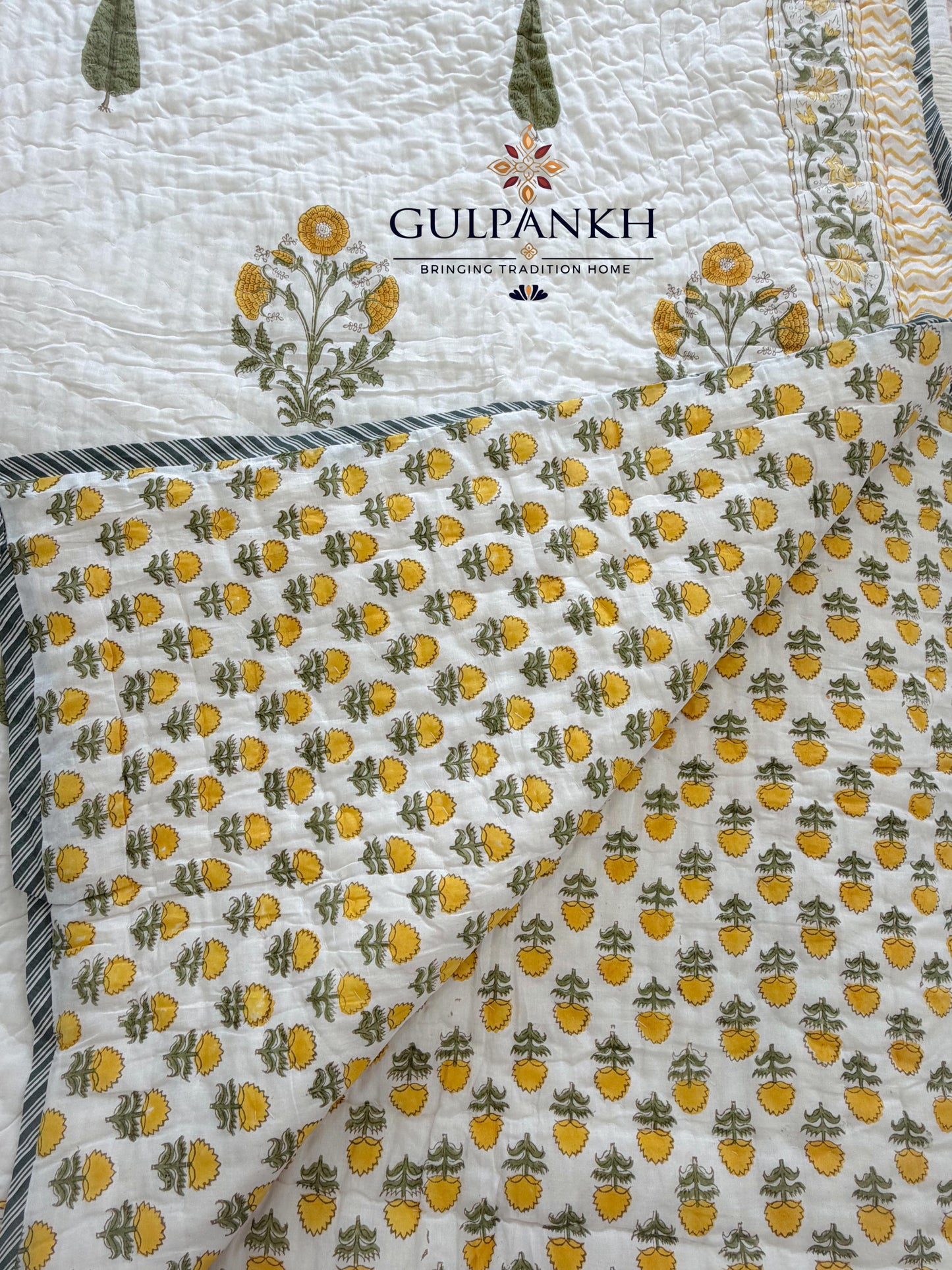 Hand Block Printed Cotton Quilt - Marigold Cypress Meadow | Gulpankh Canada