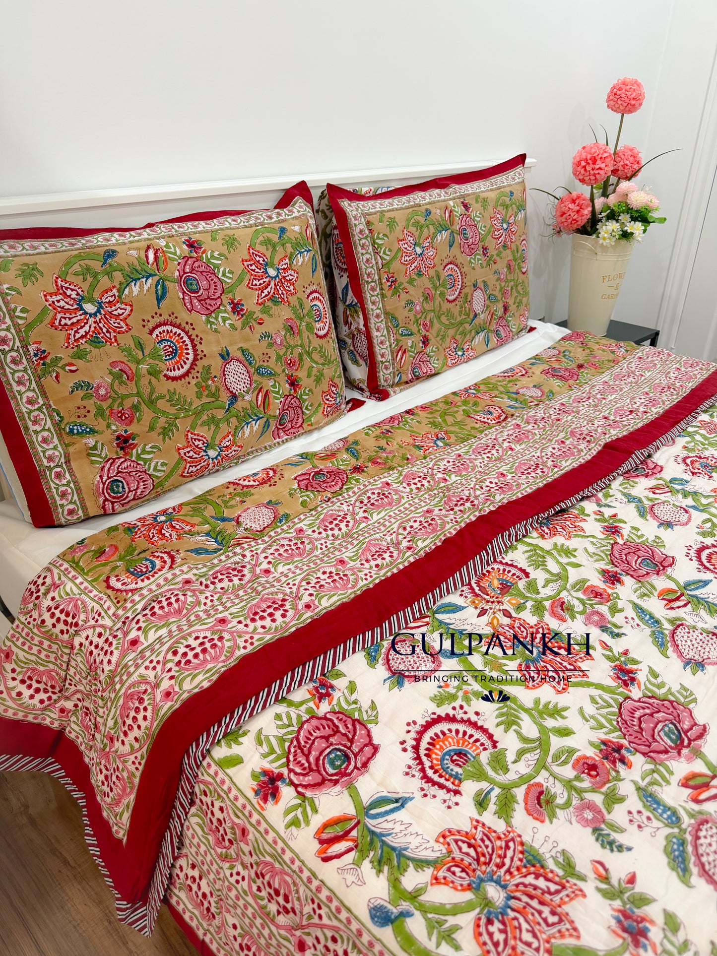 Reversible Hand Block Printed Cotton Quilt - Gulnaar Rajwadi | Gulpankh Canada