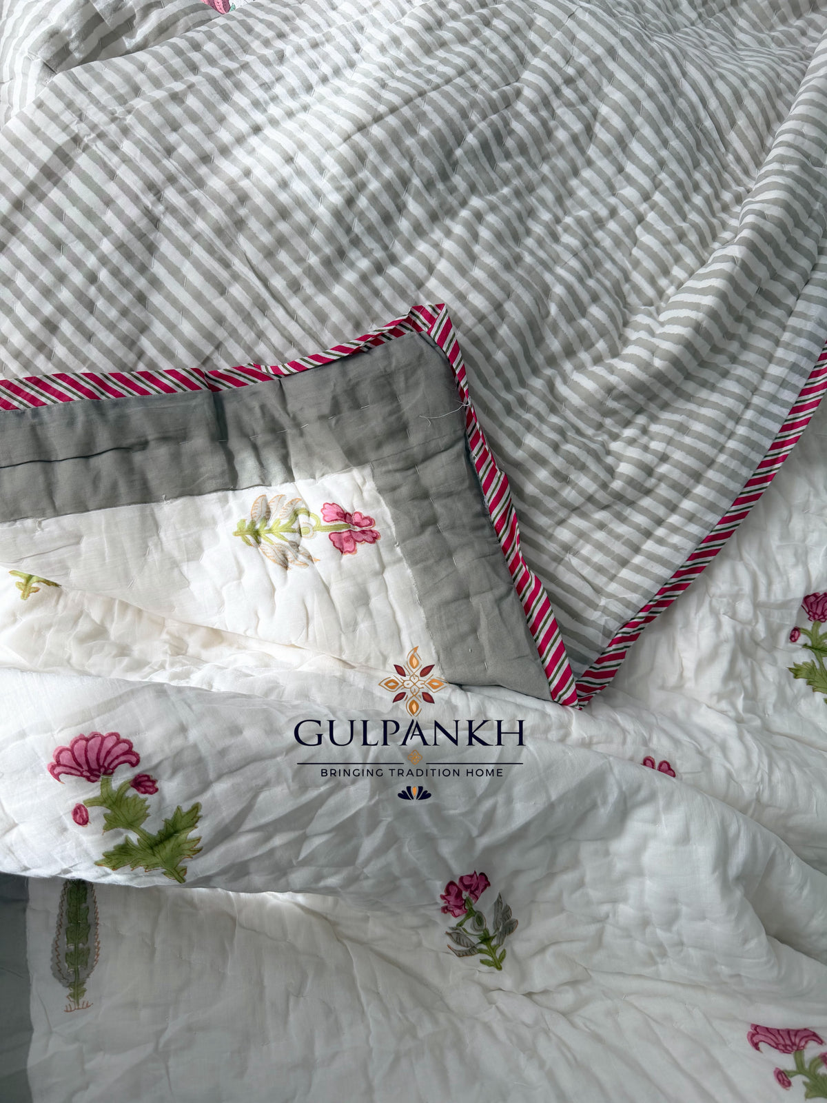 Hand Block Printed Reversible Cotton Quilt - Gulabi Saanjh | Gulpankh Canada