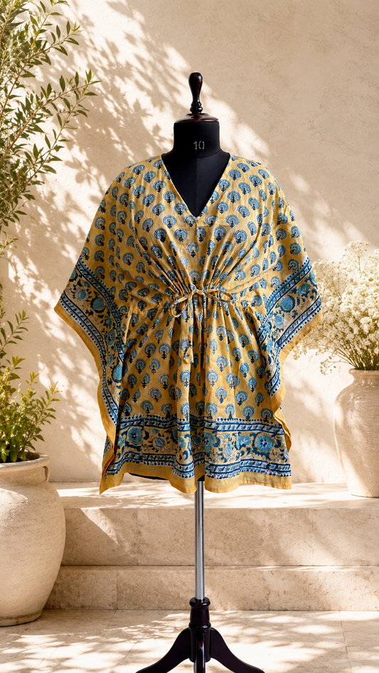 Hand Block Printed Cotton Short Kaftan – Mustard Neel Buta | Gulpankh Canada