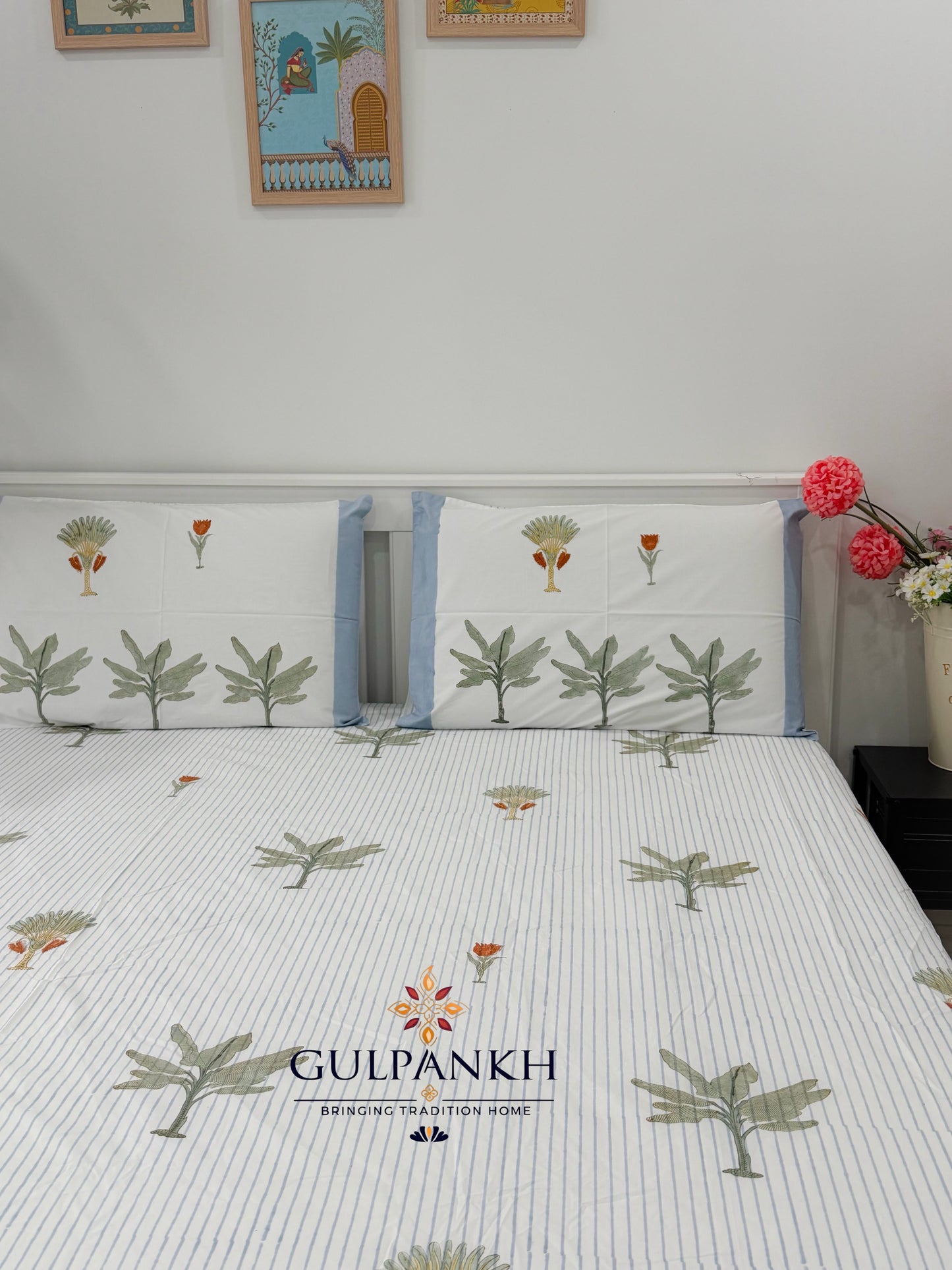 Hand Block Printed King Fitted Bedsheet - Palm Grove Breeze | Gulpankh Canada