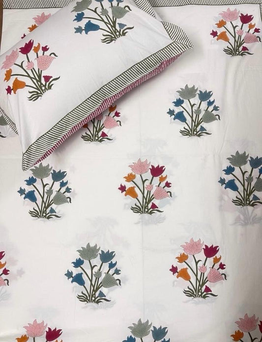 Hand Block Printed Super King Flat Bedsheet - Lotus Harmony | Gulpankh Canada